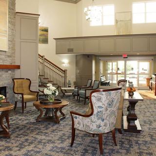 A cozy hotel lobby with comfortable seating and elegant decor.