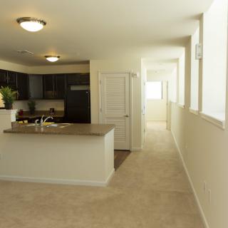 A modern kitchen with a countertop and adjoining hallway in an apartment.