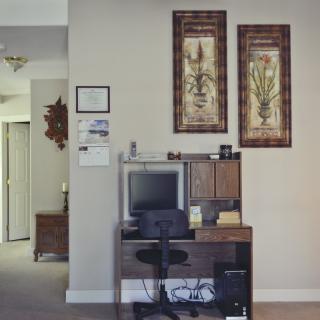 A home office setup with a desk, computer, and decorative artwork on the wall.
