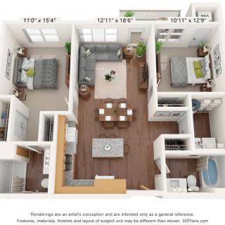 A 3D floor plan of a two-bedroom apartment with a kitchen, living area, and two bathrooms.