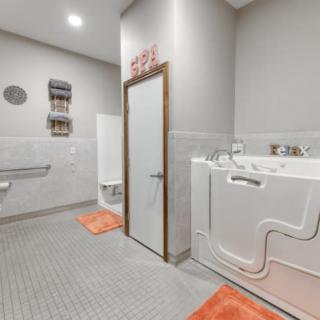 A modern, accessible bathroom featuring a walk-in tub and safety grab bars.