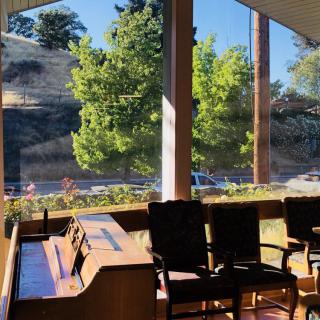 Sunlit interior with large windows overlooking trees.