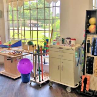 A well-equipped therapy room featuring various physical therapy tools and exercise equipment, designed for rehabilitation and occupational therapy.