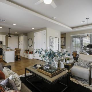 A spacious open floor plan connecting a modern living room and kitchen with stylish decor.