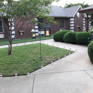 A beautifully landscaped garden featuring a paved pathway, trimmed bushes, and decorative lighting.