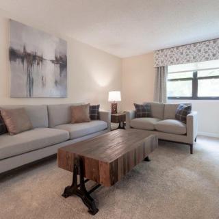 A cozy living room with two grey sofas, a wooden coffee table, and a lamp near the window.