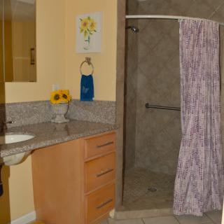 A well-designed bathroom featuring a shower, sink, and decorative elements.
