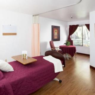 A tranquil massage room with two treatment beds draped in burgundy covers, creating a peaceful ambiance for relaxation.