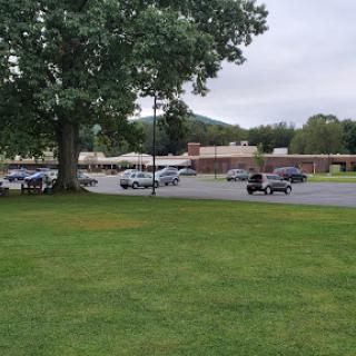 A view of a school surrounded by greenery and parked vehicles.
