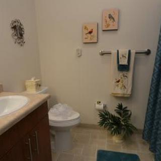 A neatly decorated bathroom with towels, plants, and wall art.