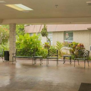 A covered patio area with benches overlooking a garden.