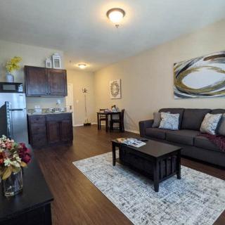 A modern living room with a kitchenette, featuring a sofa, coffee table, and contemporary artwork.
