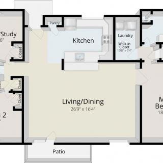 A detailed floor plan of a residential apartment featuring two bedrooms, a study, kitchen, living/dining area, and patio.