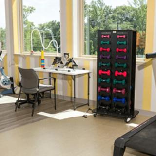 A gym room featuring exercise equipment, including a rack of colorful dumbbells, a treadmill, and a stationary bike. There's a desk with a chair by the windows.
