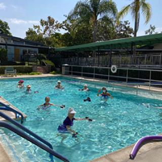 Participants enjoying a water aerobics class in a sunny outdoor pool.