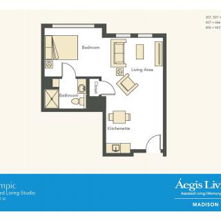 One-bedroom apartment floor plan with a living room and kitchen.