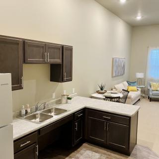 A modern open-concept kitchen and living area with dark cabinets and neutral tones.