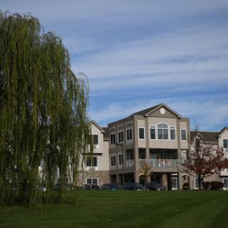 A serene residential area featuring a modern building and a lush willow tree under a partly cloudy sky.