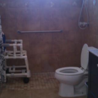 An accessible bathroom with a toilet, shower area, and handrail.