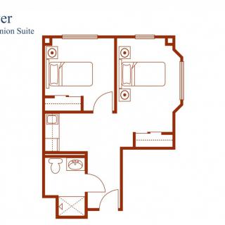 A detailed floor plan of a two-bedroom suite.