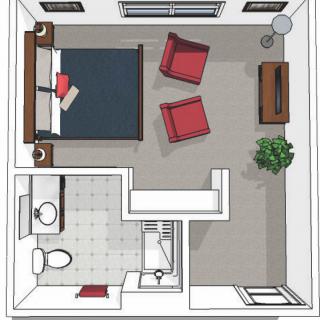 A 3D floor plan of a bedroom with furniture including a bed, chairs, and a bathroom.