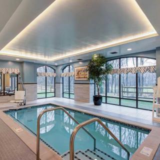 A luxurious indoor pool with large windows and modern design elements, perfect for relaxation.