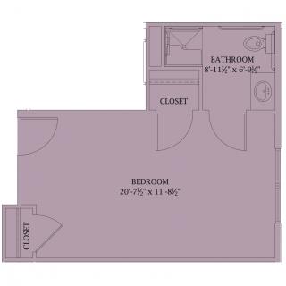 A floor plan showing a bedroom with attached bathroom and closet.