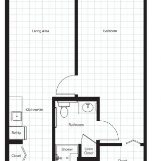 A floor plan illustrating the layout of a one-bedroom apartment.