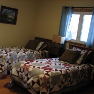 A cozy bedroom with two twin beds covered in patterned quilts, a window with blue curtains, and a small lamp on a nightstand.