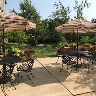A sunny patio area with tables, chairs, and umbrellas surrounded by lush greenery.