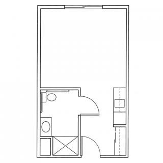 A simple floor plan of a studio apartment with a bathroom and kitchen area.