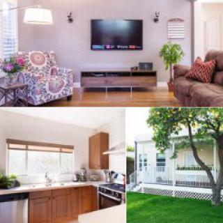 A cozy modern home showcasing a stylish living room with a TV, a well-equipped kitchen, and an inviting exterior with greenery.