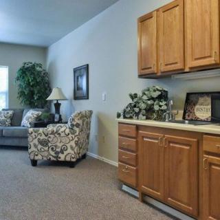 A cozy living room featuring a sofa, armchair, cabinetry, and decorative plants.