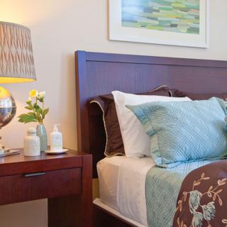 A cozy bedroom with a neatly made bed, decorative pillows, and a nightstand featuring a lamp and small plants.