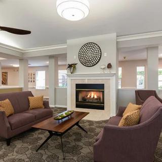 A cozy living room with a fireplace, modern furniture, and stylish decor.