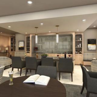 A modern living room interior with comfortable seating and stylish decor.