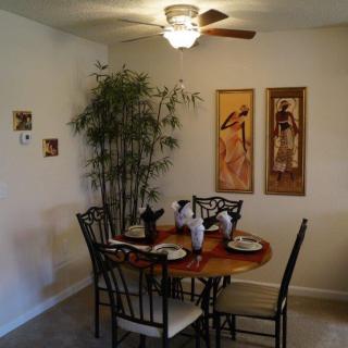 A cozy dining room with a round table set for four, featuring wall art and a tall plant.