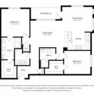 A detailed floor plan of a two-bedroom apartment with specified rooms and dimensions.