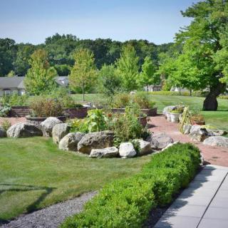 A serene garden landscape with a pathway surrounded by lush greenery and rocks.
