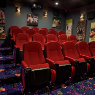 Empty cinema room with red seats and movie posters on the walls.