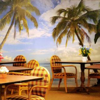 A cozy cafe with tropical-themed decor, featuring a mural of palm trees and ocean views.
