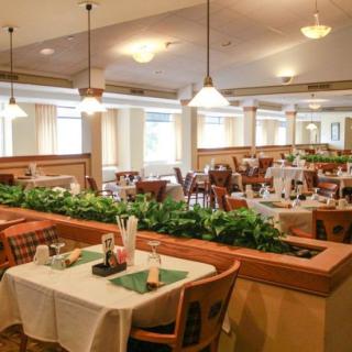 A cozy restaurant interior with neatly arranged tables and chairs, featuring decorative plants and warm lighting.