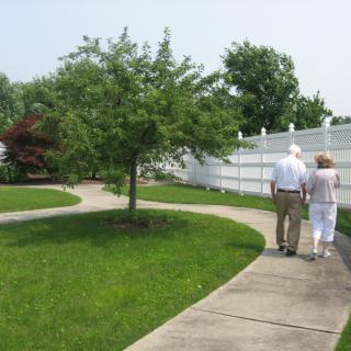 An elderly couple walking together on a pathway in a park surrounded by greenery and trees.