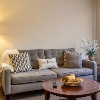 A cozy living room setup featuring a stylish sofa with decorative pillows, a wooden coffee table, and a potted plant.