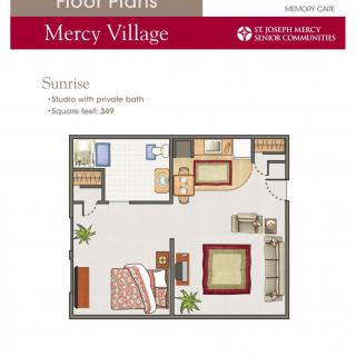 Floor plan of a studio apartment labeled 'Sunrise' at Mercy Village.