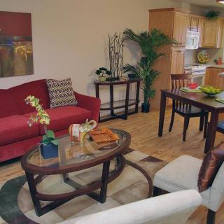 A cozy open-plan living and dining area with modern furniture.