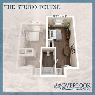 The Overlook Studio Deluxe floor plan showcasing a modern studio apartment design.