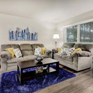A cozy living room with a sofa set, coffee table, and vibrant blue rug.