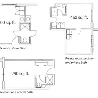 A set of architectural floor plans showing different room sizes and layouts with specified square footage.