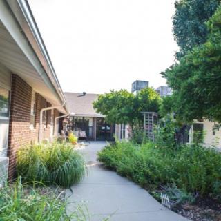 A beautifully landscaped garden pathway lined with lush greenery.